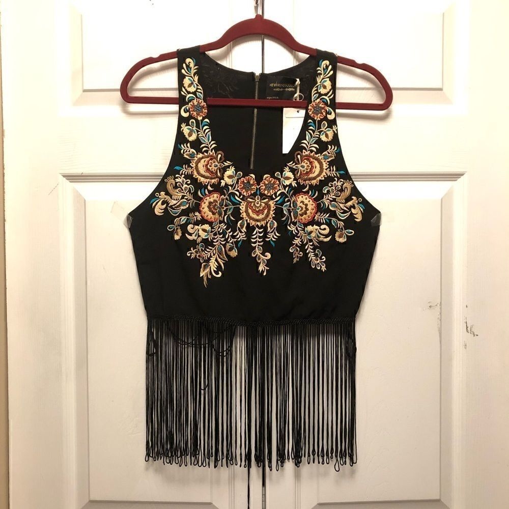 New Friends Colony Embroidered Fringe Crop Top